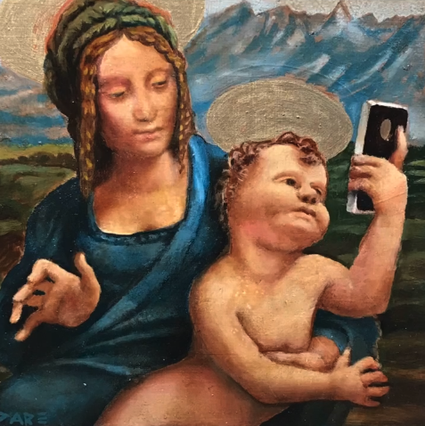 Contemporary painting of the Virgin Mary with infant Jesus holding a cell phone